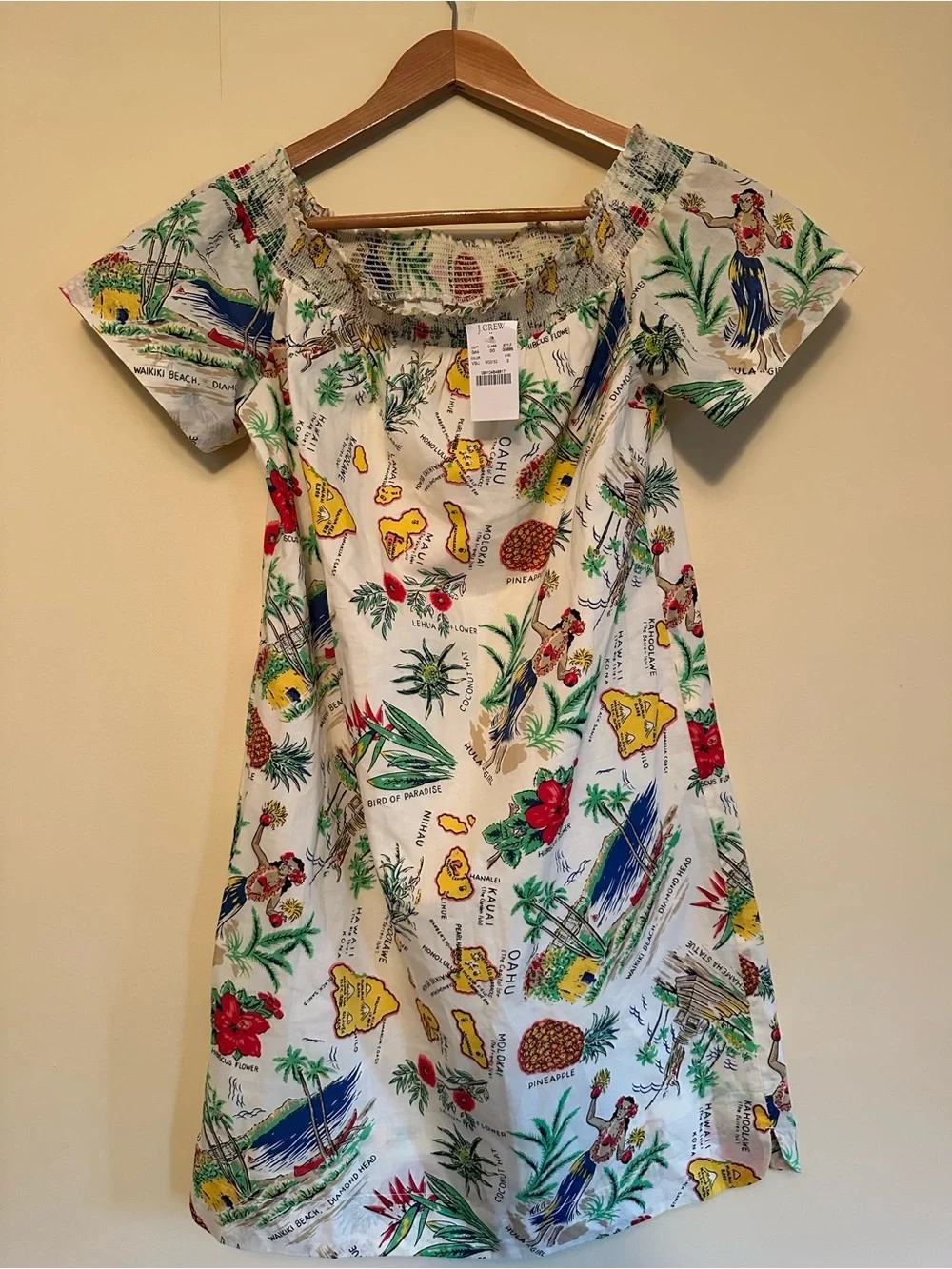 J. CREW Hawaii Novelty Print Off Shoulder Dress 2 Size NWT